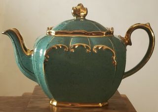 Rare 1922 Vintage Sadler England Cubed Teapot Speckle Green With Gold Trimmed
