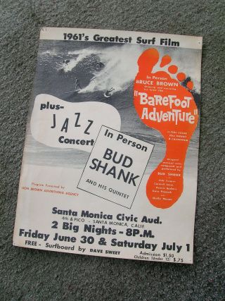 Vintage Bruce Brown Surf Movie Poster Surfing Surfboard Barefoot Adventure Rare