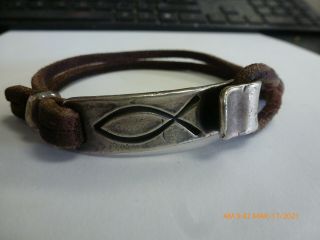 Rare James Avery Sterling Silver And Leather Ichthus 8.  5 " Men 