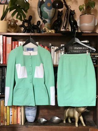 Vintage Rare 1980s Thierry Mugler Lime Green 1950s Style Jacket Skirt Suit Eu38
