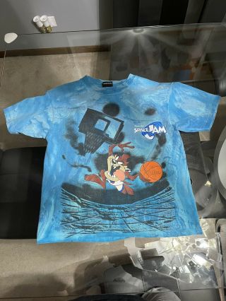 Vtg 90s 1996 Warner Bros.  Looney Tunes Space Jam Movie T Shirt Signed - Rare Blue