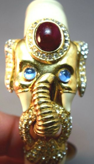 Rare Ciner Moghul " Jeweled " And Enameled Figural Elephant Clamper Bracelet