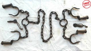 Vintage Antique Strong Heavy Iron Long Chain Rare Handcuff Lock Collectible