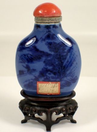 Rare Antique Chinese Cobalt Blue Glazed Porcelain Snuff Bottle W Spoon & Base