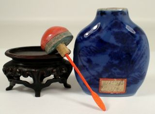 RARE Antique Chinese Cobalt Blue Glazed Porcelain Snuff Bottle w Spoon & Base 2