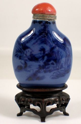 RARE Antique Chinese Cobalt Blue Glazed Porcelain Snuff Bottle w Spoon & Base 3