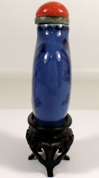 RARE Antique Chinese Cobalt Blue Glazed Porcelain Snuff Bottle w Spoon & Base 5