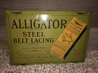 Rare Alligator Steel Belt Lacing Sign Tin Metal Bevel Edge Counter Store Display