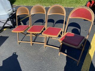 Set Of 4 Vintage Metal Folding Chairs Red Cushions Rare
