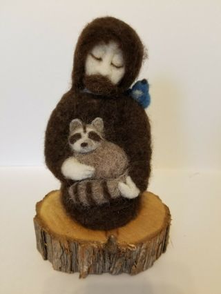 Rare St Francis Of Assisi Raccoon & Blue Bird Felted Wool Statue Live Edge Base