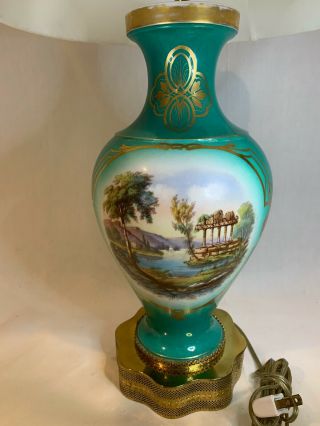 Hand Painted Porcelain/ceramic Green Gold Table Lamp Rare Vintage A693