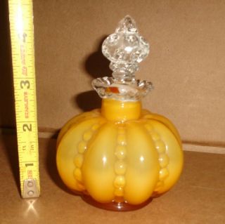 Rare Fenton Glass Honey Amber Beaded Melon Dresser Perfume Bottle With Stopper