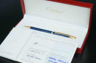 Cartier Ballpoint Pen Trinity Gold Plated Blue Lacquer W/box Rare C300