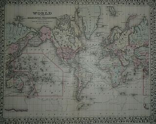 Rare Vintage 1878 Atlas Map Of The World Old & Authentic S&h