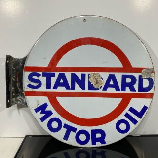 Rare Vtg Enamel Metal Standard Motor Oil Round Advertising Wall Flange Sign