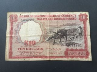 1961 Malaya And British Borneo $10 Dollars Buffalo - Rare Banknote