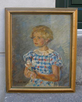 Sven Schou (1877) Portrait Of A Young Girl In Plaid Dress.  Dated 1940.  Rare Oil.