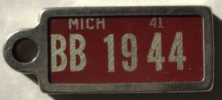 Rare Htf 1941 Michigan Ident - O - Tag Keychain License Plate Tag Not Dav Great Cond
