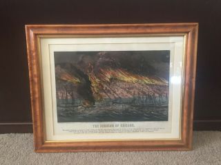 Framed Currier & Ives " The Burning Of Chicago " Hand Colored Lithograph,  Rare