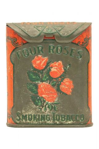 Rare 1910s " Four Roses " Litho Hinged Roll Top Pocket Tobacco Tin In Good Cond