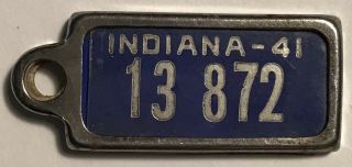 Rare Htf 1941 Indiana Ident - O - Tag Keychain License Plate Tag Not Dav Great Cond.