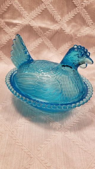 Indiana Glass Aqua/ Horizon Blue Hen On Nest Chicken Dish - Rare And