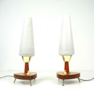 Very Rare Atomic 50s Tripop Teak Mid Century Pair Set Of 2 Table Lamps
