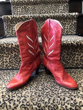 Ted Lapidus Rare Vintage 80s Red & White Leather High Heel Cowboy Boots Size 37