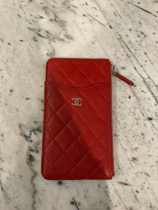 Authentic Chanel Red O - Case Phone Holder Pouch Wallet With Silver Hardware Rare