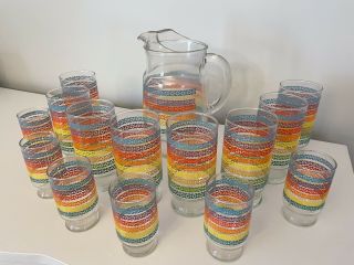 Rare Vintage Anchor Hocking Rainbow Pitcher With 8 Glasses And 6 Juice Glasses