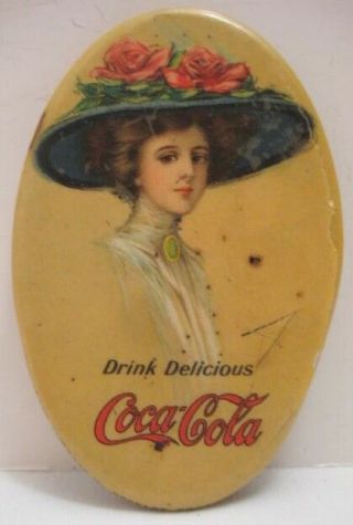Pretty Antique Celluloid Tin Coca - Cola Advertising Pocket Mirror 1900 Rare