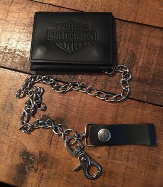 Rare Vintage Harley Davidson Leather Trifold Bar&shield Wallet Chain Made Usa