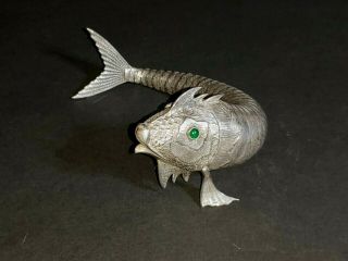 Stunning Rare Spanish Sterling Silver Articulated Fish Green Glass Eyes Figurine