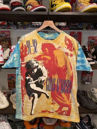 Vintage 1991 Guns N Roses Illusion Tour Liquid Blue Tie Dye T - Shirt Rare