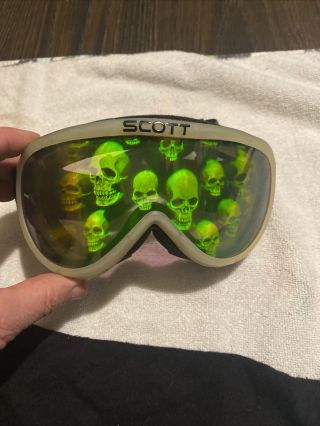 Vintage 1990s Scott Promo Skull And Bones3d Hologram Motorsport Ski Goggles Rare
