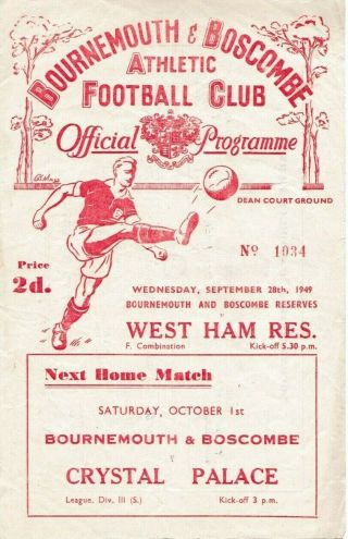 Rare Football Combination Programme Bournemouth West Ham United Reserves 1949