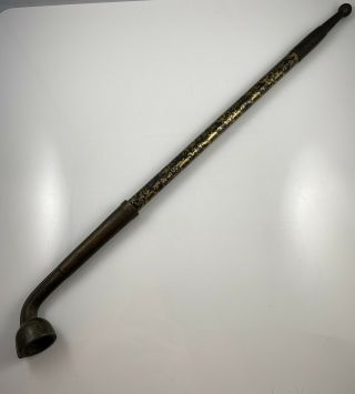 Long Extremely Rare 19thc Chinese Opium Poppy Pipe Extendable Gilt Design Signed