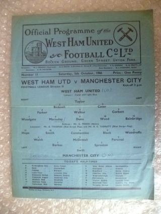 1946 League Division Ii West Ham United V Manchester City,  5th October,  Rare