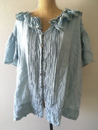 Rare Magnolia Pearl Baby Blue Linen Ruffled Oversized Love Label Blouse Top