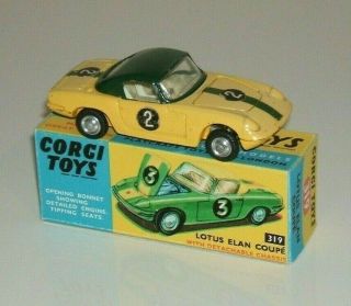 Corgi 319 Lotus Elan S2 Race Car,  Display Box,  Yellow & Green Rare Vgc