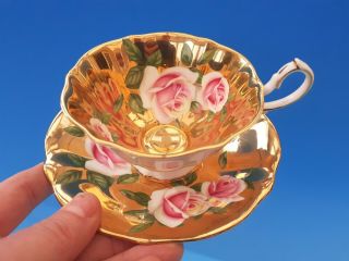 Rare Queen Anne Cup & Saucer With Large Roses And Heavy Gold Gilding 2 Of 4