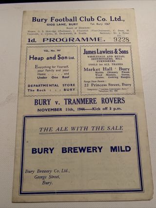 Bury V Tranmere Rovers 11/11/1944 Very Rare