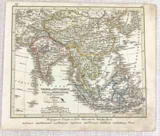 1842 Antique Map Of Asia China India Java Borneo Rare Hand Coloured Engraving