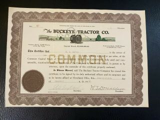 1920 Buckeye Tractor Company Stock Certificate Cleveland,  Oh Rare