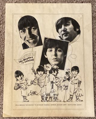 Mega Rare The Beatles 1966 Concert Flyer For Show At Dodger Stadium Krla Ticket