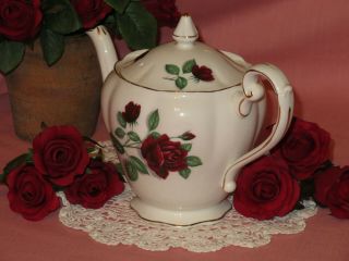Teapot Roses Royal Standard Red Velvet Bone China England Vintage Rare 2