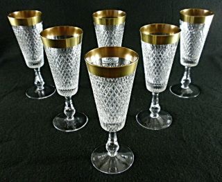 Rare Antique Baccarat Flawless Crystal 6 X Champagne Goblet / Flute W/ Gold Band