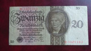 Germany,  Very Rare,  20 Reichsmark Note,  11 Oct 1924.  Serial R 3401163.  P 176
