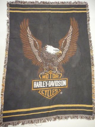 Vintage Rare Harley Davidson Woven Throw Blanket Tapestry 65x48 Eagle Usa