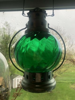 Rare Antique Pre 1940’s Green Globe Swirl Glass Candle Lantern